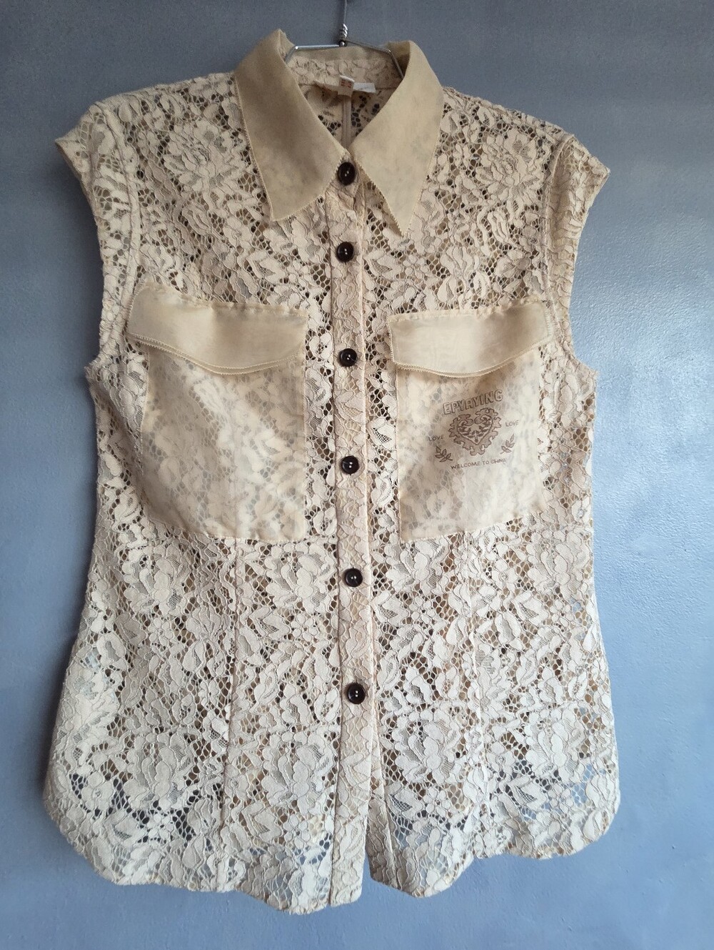 EP YAYING BEIGE BUTTON  LACE SILK CAP-SLEEVE BLOUSE US SIZE 8 NEW